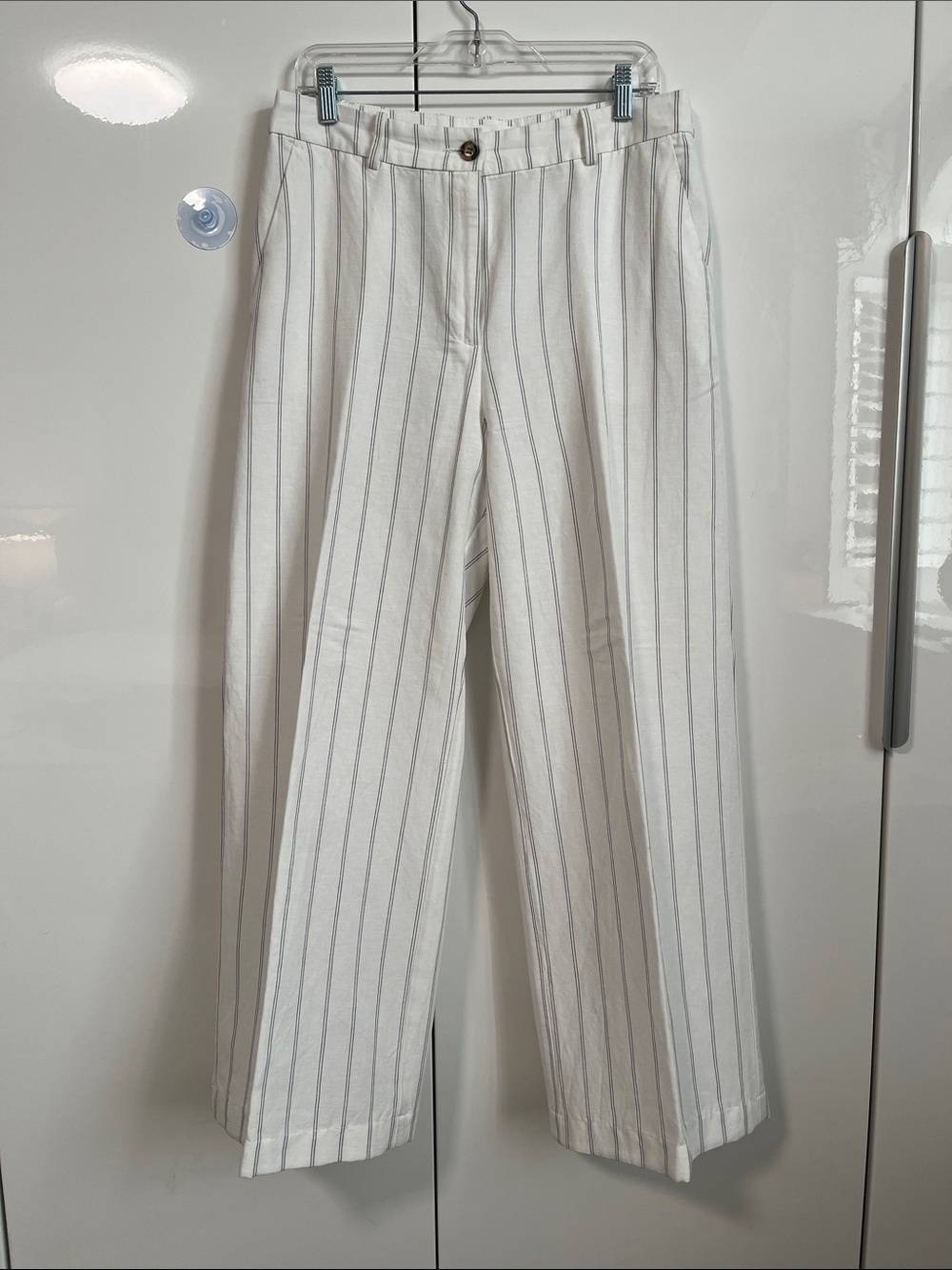 H&M White and Black Striped Wide-Leg Linen Blend Trousers, Size 10